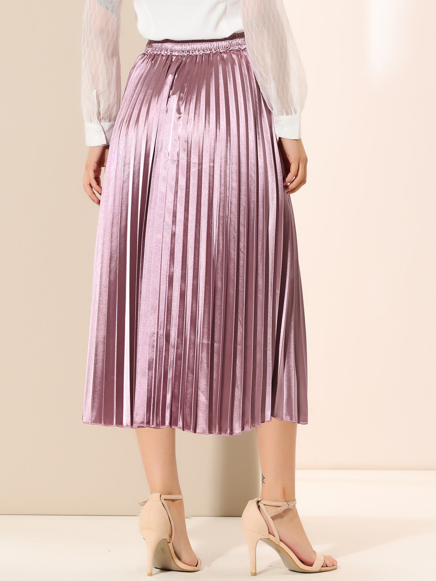 Allegra K Party Elastic Waist Metallic Shiny Pleated Midi Skirt