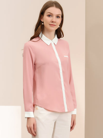 Contrast Collar Shirt Chiffon Long Sleeve Work Office Blouse