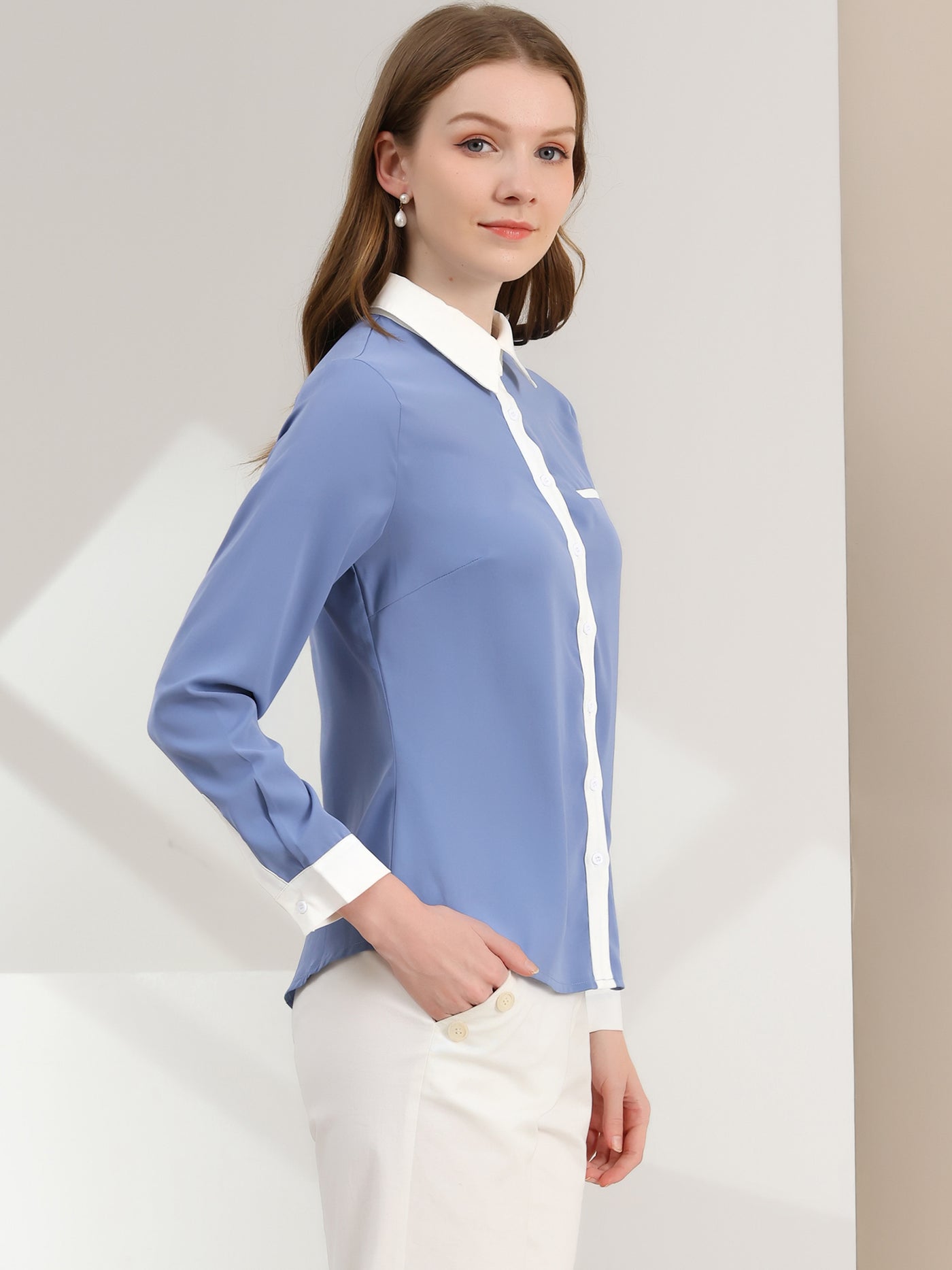 Allegra K Contrast Collar Shirt Chiffon Long Sleeve Work Office Blouse