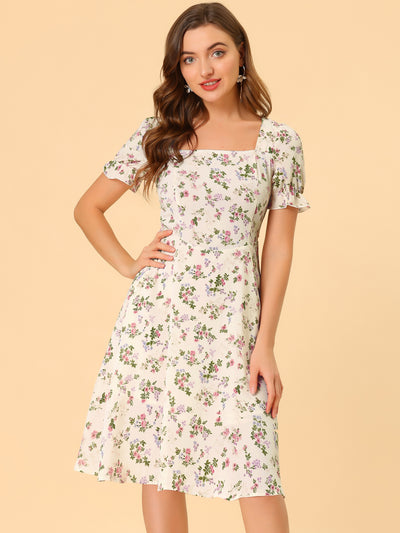 Summer Floral Square Neck Short Sleeve Midi A-line Dress