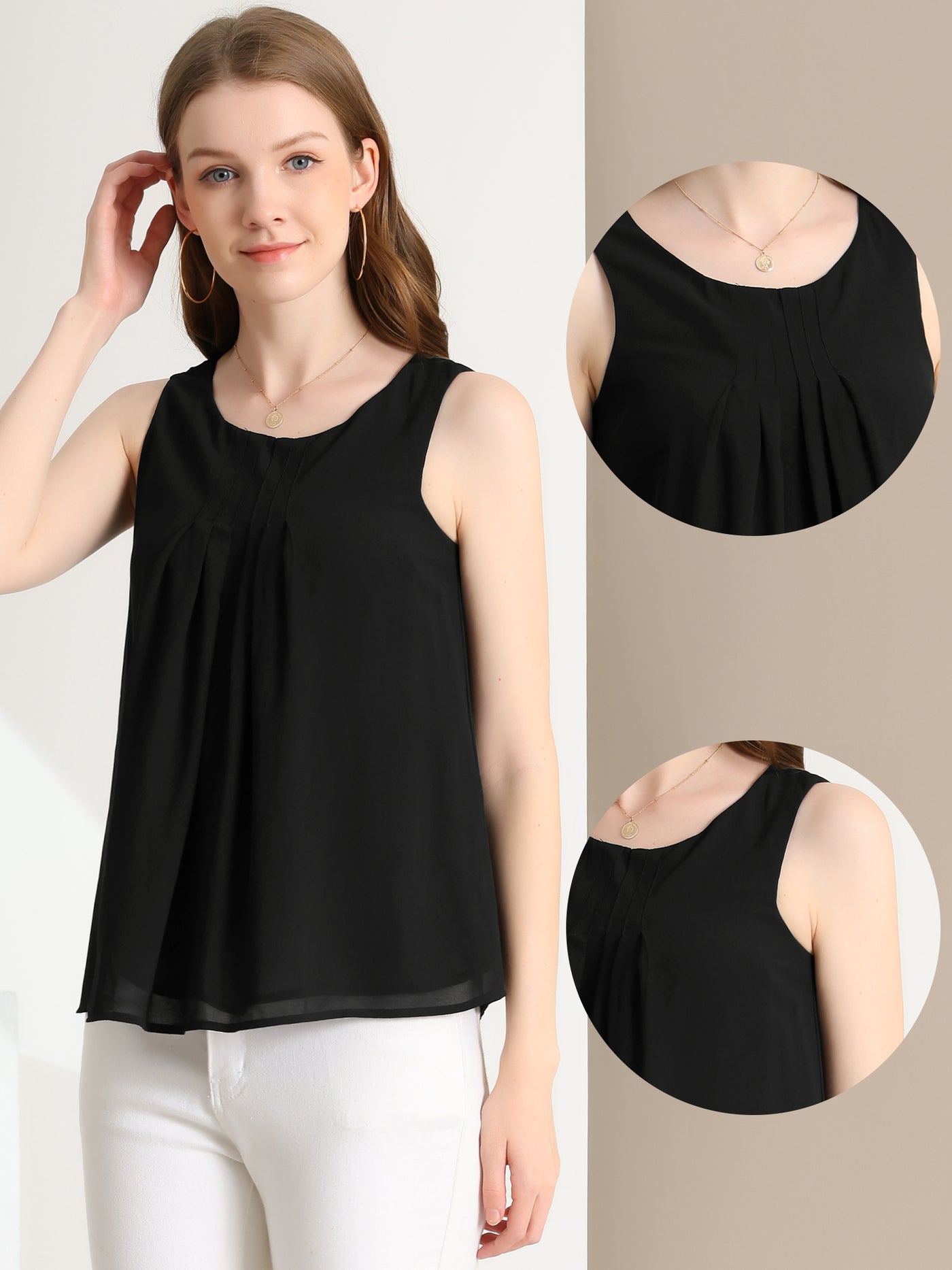 Allegra K Tank Top for Women's Sleeveless Layering Pleated Front Lined Chiffon Blouse