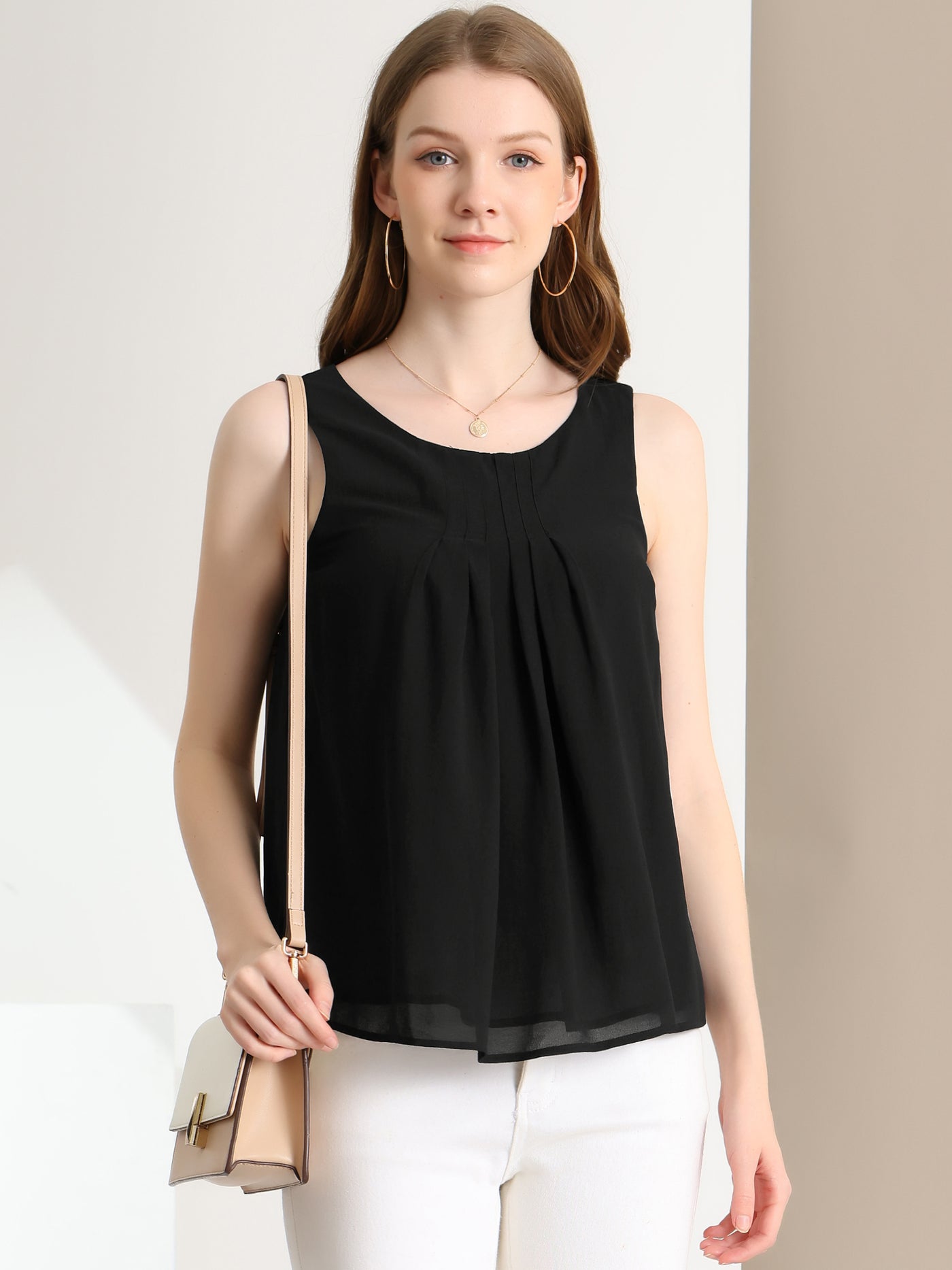Allegra K Tank Top for Women's Sleeveless Layering Pleated Front Lined Chiffon Blouse