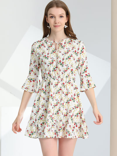 Floral Tie Keyhole Neck Bell Sleeve Ruffle Dress