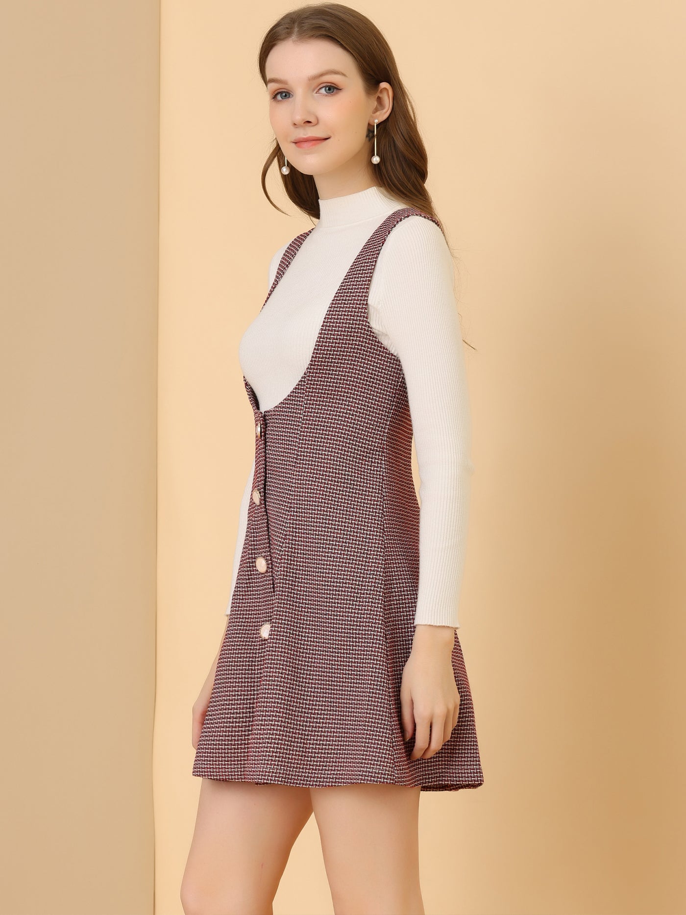 Allegra K Tweed Skirt Button Front A-line High Waist Pinafore Overall Dress