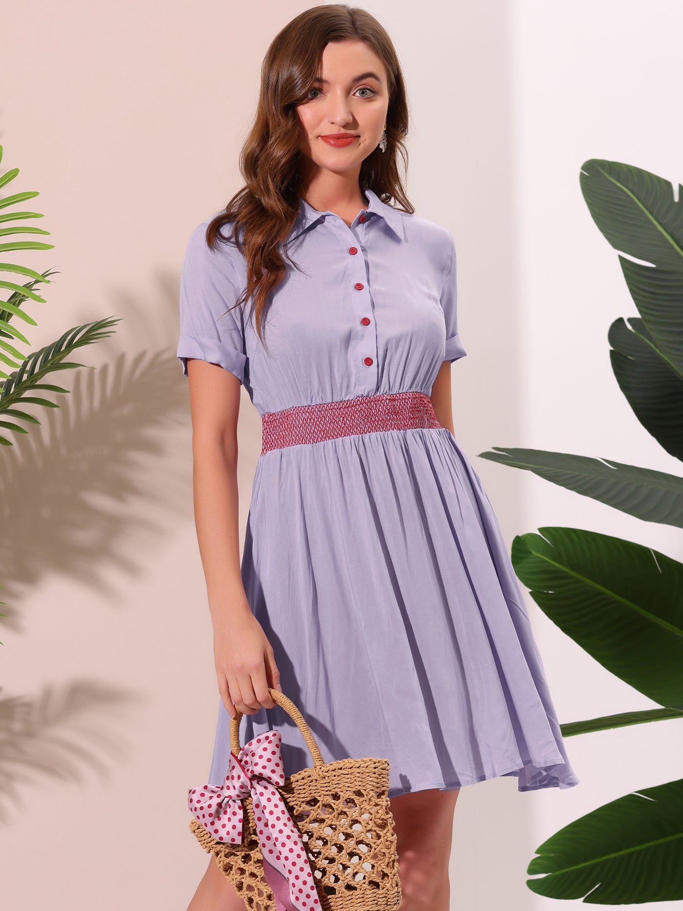 Allegra K A-line Buttons Smocked Color Block Summer Flare Dress