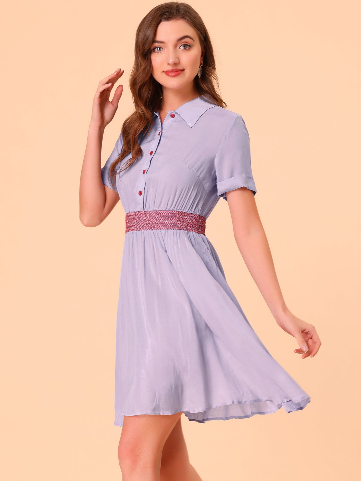 Allegra K A-line Buttons Smocked Color Block Summer Flare Dress