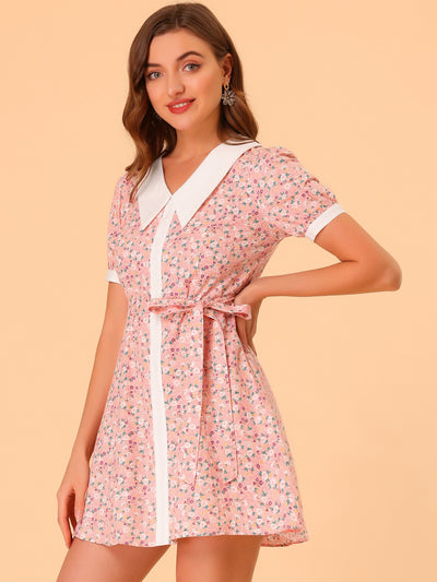 Cotton Collared Floral Print Button Down Belted Waist Shirt Dress