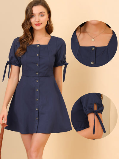 Square Neck Single Breasted Puff Sleeve A-Line Shirt Dress