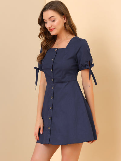 Square Neck Single Breasted Puff Sleeve A-Line Shirt Dress