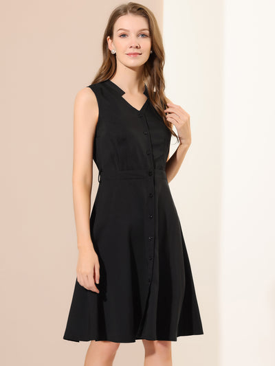 Sleeveless Shirtdress with Belted V Neck Office Button Down Dress