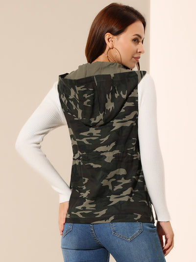 Camo Vest Hooded Drawstring Waist Cargo Sleeveless Jacket