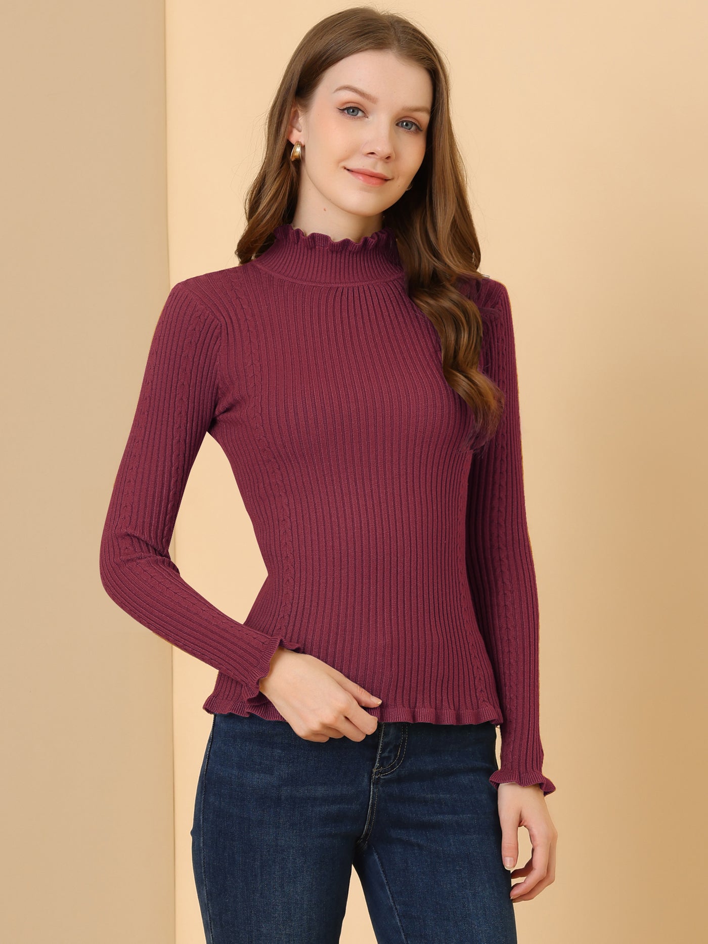 Allegra K Classic-fit Lightweight Long Sleeve Ruffle Mock Neck Pullover Sweater