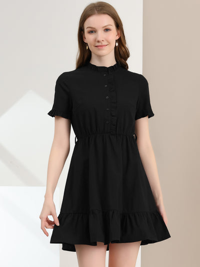 Allegra K Cotton Fit and Flare Shirtdress Belted Button Front Ruffled Dress