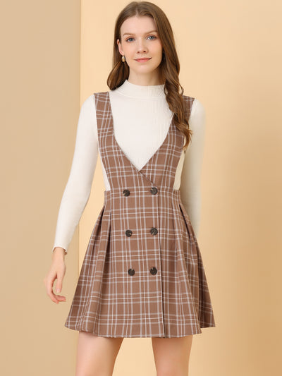 Plaid V Neck A-line Button Pleated Pinafore Suspender Skirt