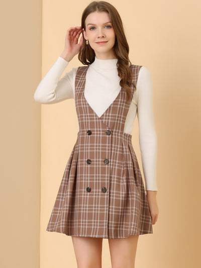Plaid V Neck A-line Button Pleated Pinafore Suspender Skirt