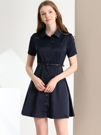 Allegra K Elegant Satin Short Sleeve Button Down Belted Shirt Dress