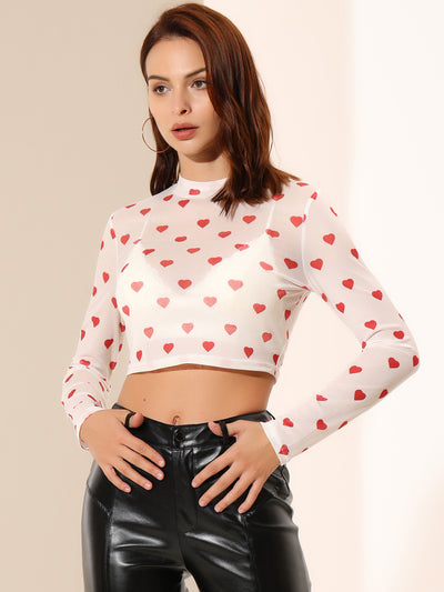 Semi-Sheer Sexy Heart Mesh Crop Top Long Sleeve Blouse