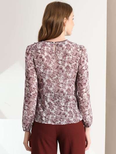 Elegant Lace Panel Tops Long Sleeve Chiffon Floral Blouse