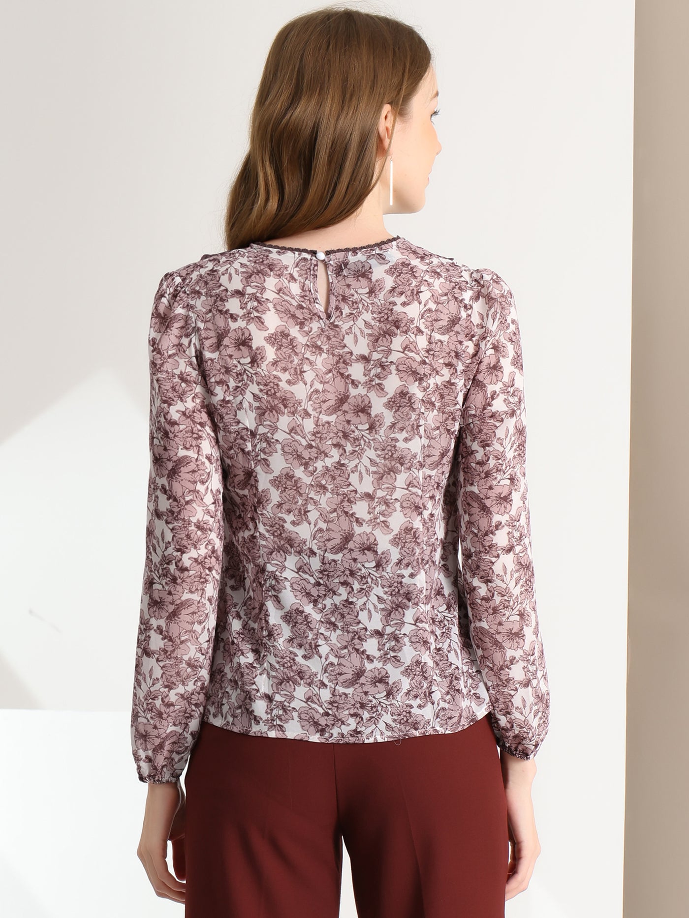 Allegra K Elegant Lace Panel Tops Long Sleeve Chiffon Floral Blouse