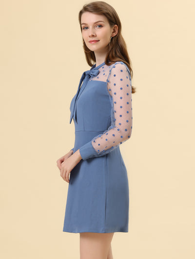 Sheer Mesh Panel A-Line Tie Neck Polka Dot Cocktail Party Dress