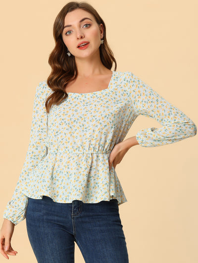 Long Sleeve Square Neck Belted Peplum Floral Top Blouse