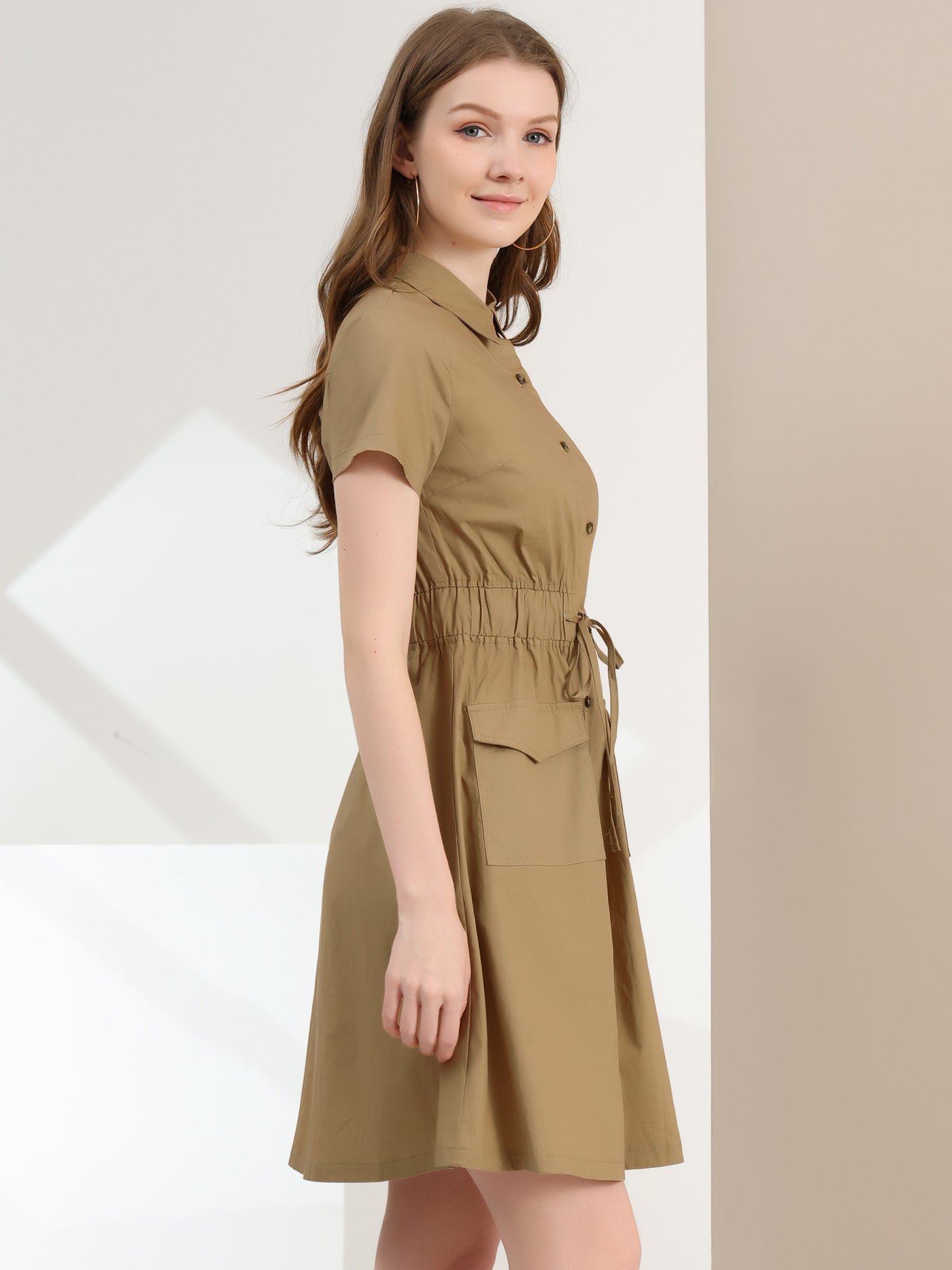 Allegra K Summer Safari Dress Cotton Button Down Collar Shirtdress