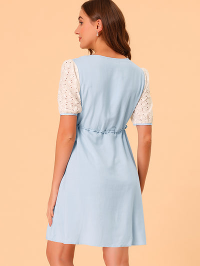 Cute Summer Short Sleeve Hollow Lace Panel A-Line Dress