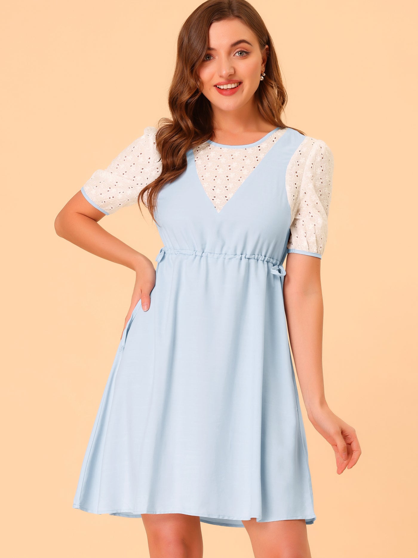 Allegra K Cute Summer Short Sleeve Hollow Lace Panel A-Line Dress