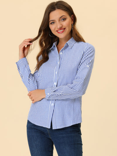 Striped Button Down Roll-up Long Sleeve Point Collar Shirt