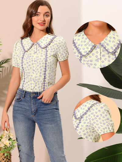 Button Down Tops for 1950s Peter Pan Collar Floral Blouse