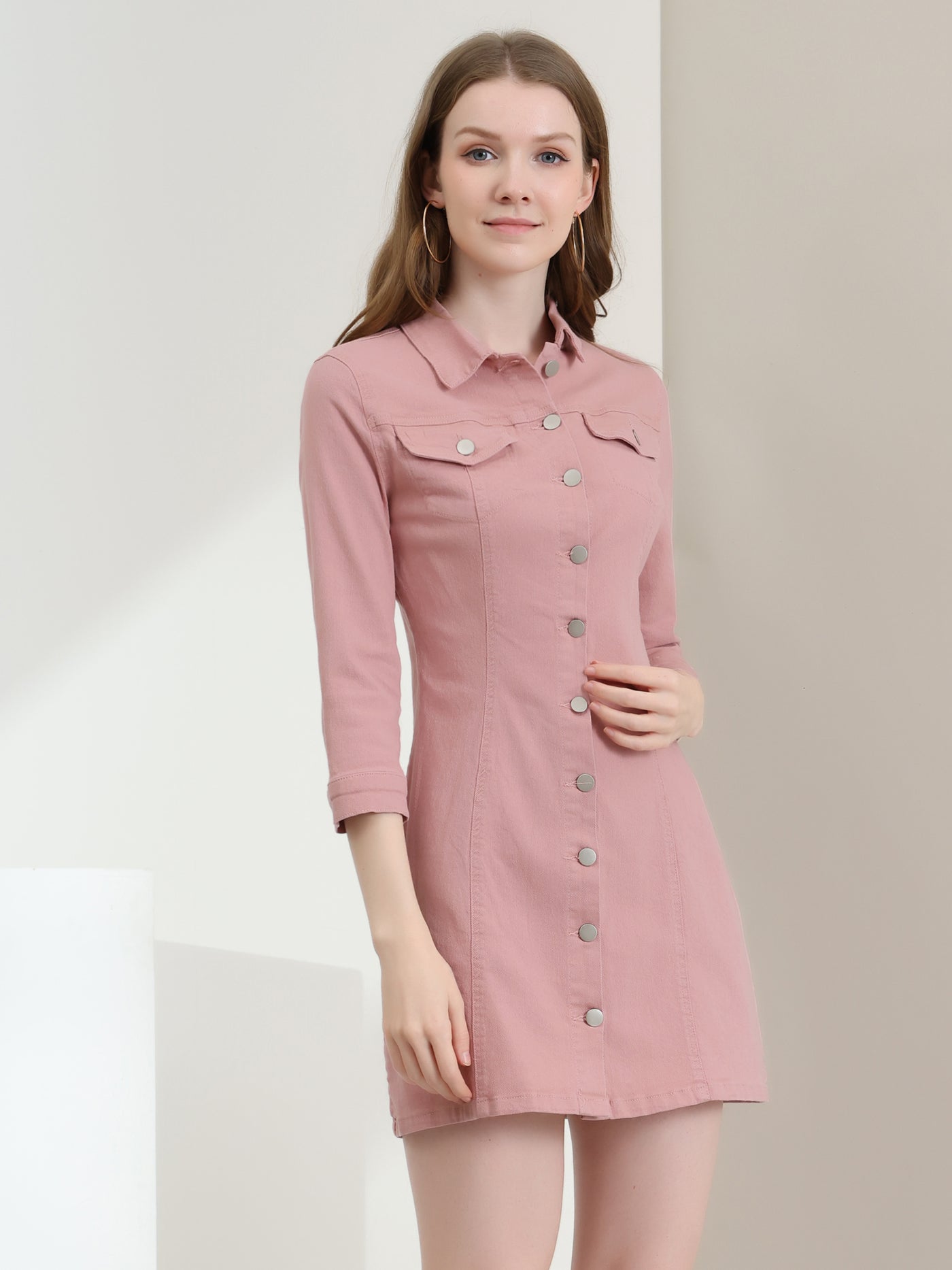 Allegra K 3/4 Sleeve Button Down Denim Shirt Dress