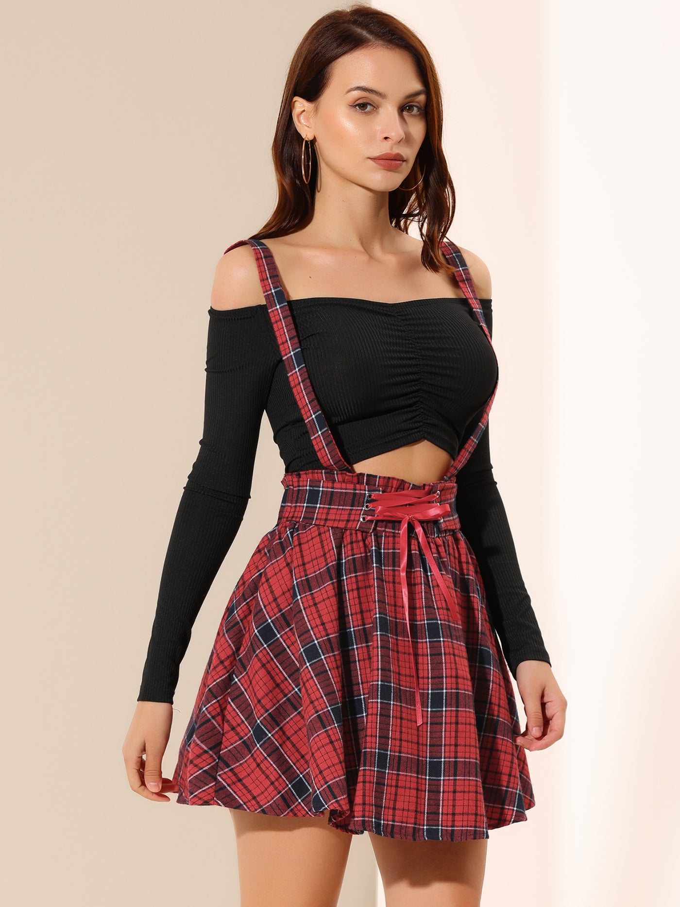 Allegra K Christmas Gothic Plaid High Waisted Detachable Suspender Skirt