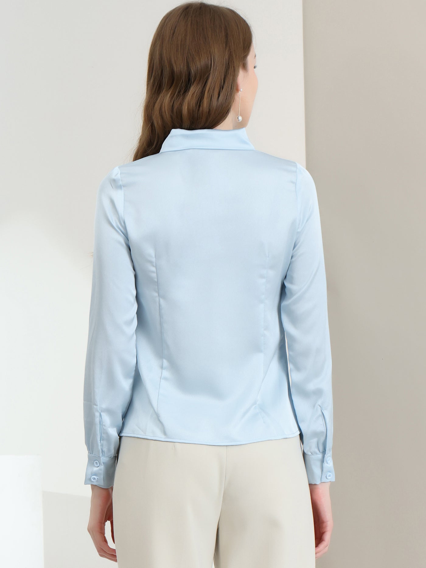 Allegra K Work Top Satin Blouse Tie Neck Long sleeve Button Up Shirt