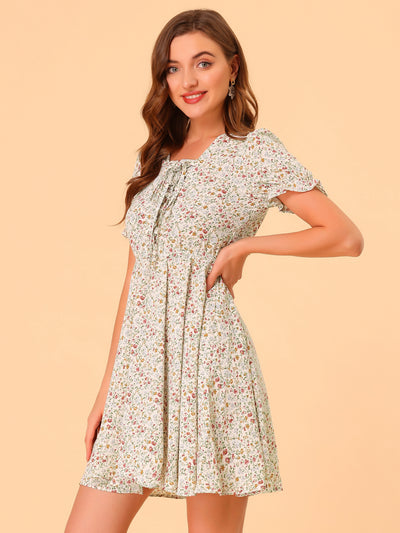 Allegra K Floral Print Summer Flared Ruffle Sleeve Lace-up V Neck Chiffon Dress