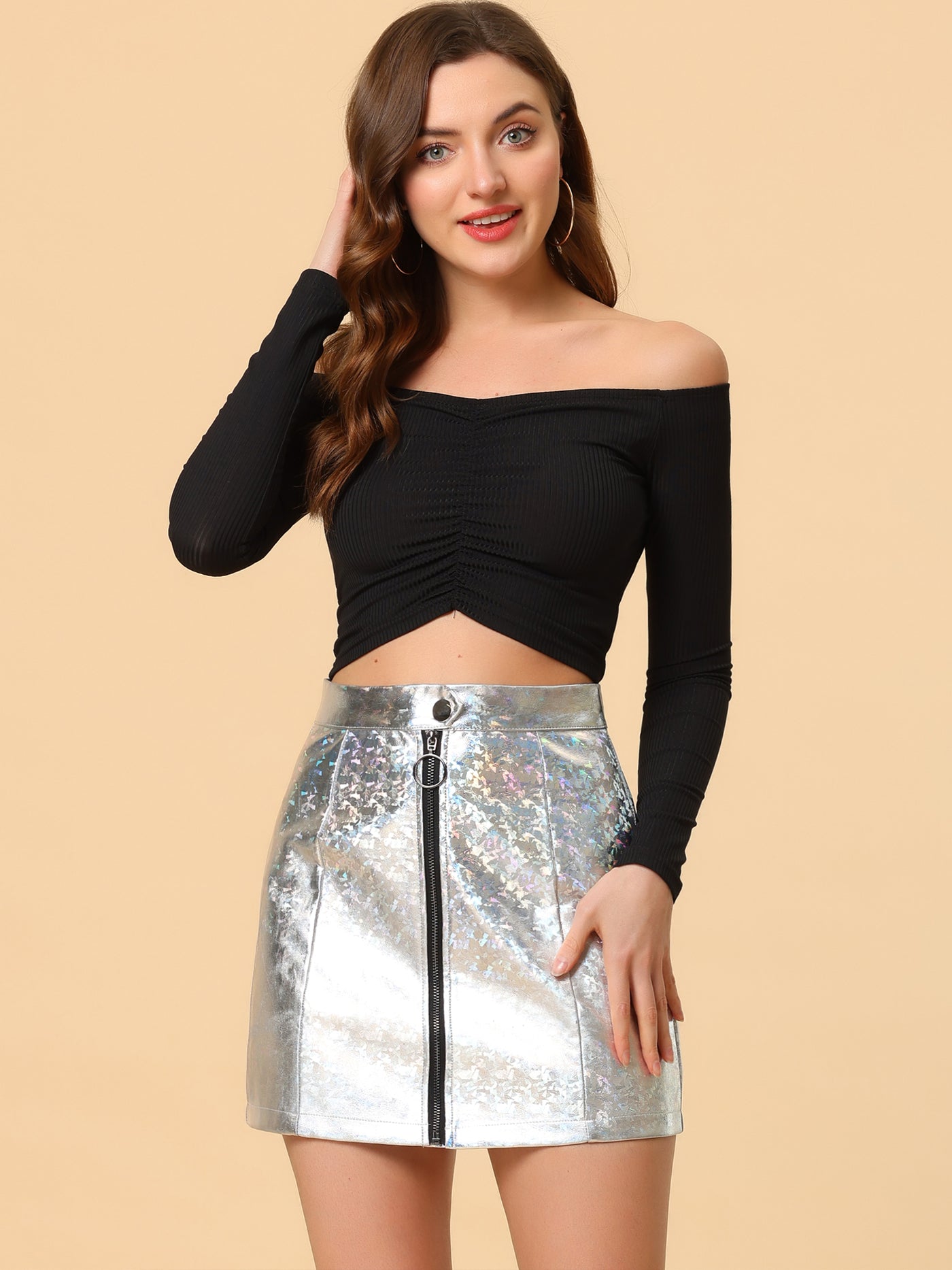 Allegra K Metallic Shiny Holographic High Waist Zipper Short Skirt