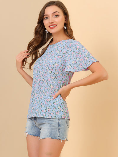 Floral Blouse Tee Chiffon Casual Flutter Sleeve Tops