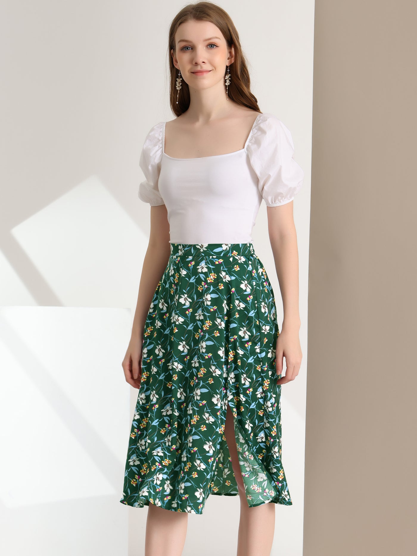 Allegra K Boho Floral High Waist Split A Line Midi Skirt