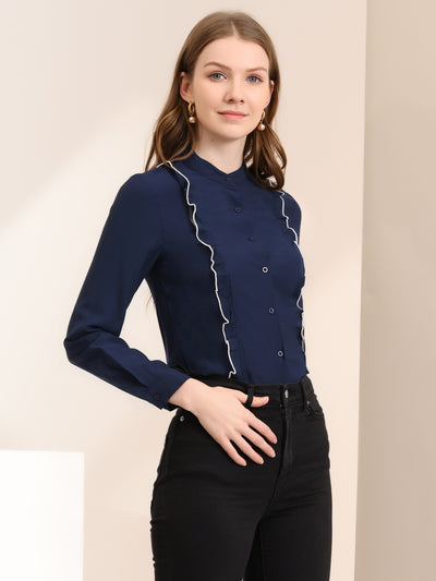 Women's Ruffle Front Shirts Long Sleeve Stand Collar Button Down Fitted Work Office Tops