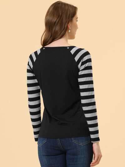 Striped Color Block Long Raglan Sleeve V Neck Baseball T-Shirt