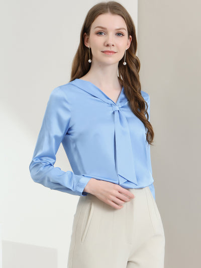 Satin Tie Neck Long Sleeve Solid Color Elegant Office Work Shirt Top