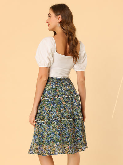 Floral Smocked Elastic Waist Knee Length Ruffle Tiered Skirt