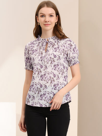 Ruffle Tie V Neck Casual Smocked Short Sleeve Floral Top Blouse