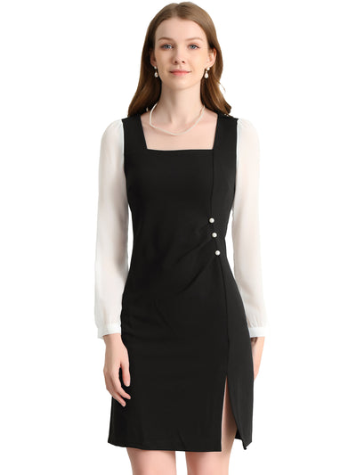 Allegra K Elegant Ruched Side Contrast Panel Long Sleeve Square Neck Dress