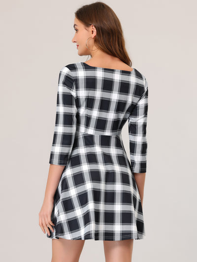 Plaid Square Neck Pockets High Waist Long Sleeve A-Line Dress