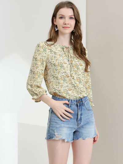 Floral Tops Bow Tie Neck Vintage 3/4 Sleeve Blouse