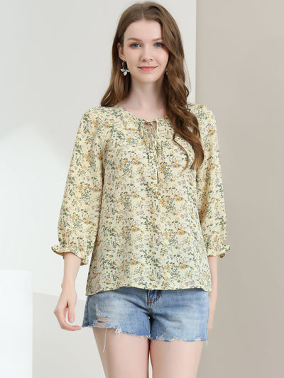 Floral Tops Bow Tie Neck Vintage 3/4 Sleeve Blouse