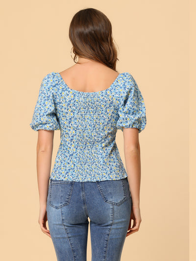 Puff Sleeve Square Neck Peasant Floral Blouse Top