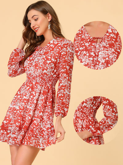 Floral Tie Neck Long Sleeve Smock Waist Tiered Dress