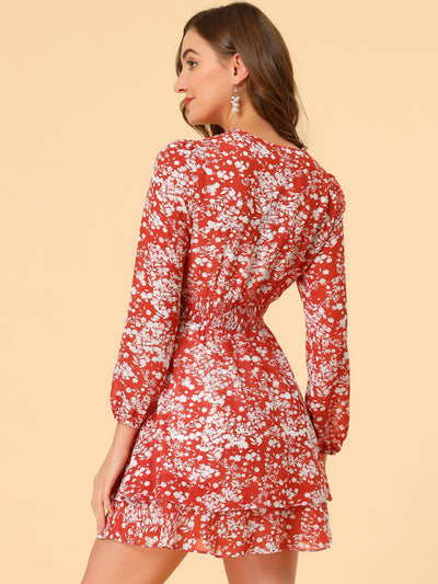 Floral Tie Neck Long Sleeve Smock Waist Tiered Dress