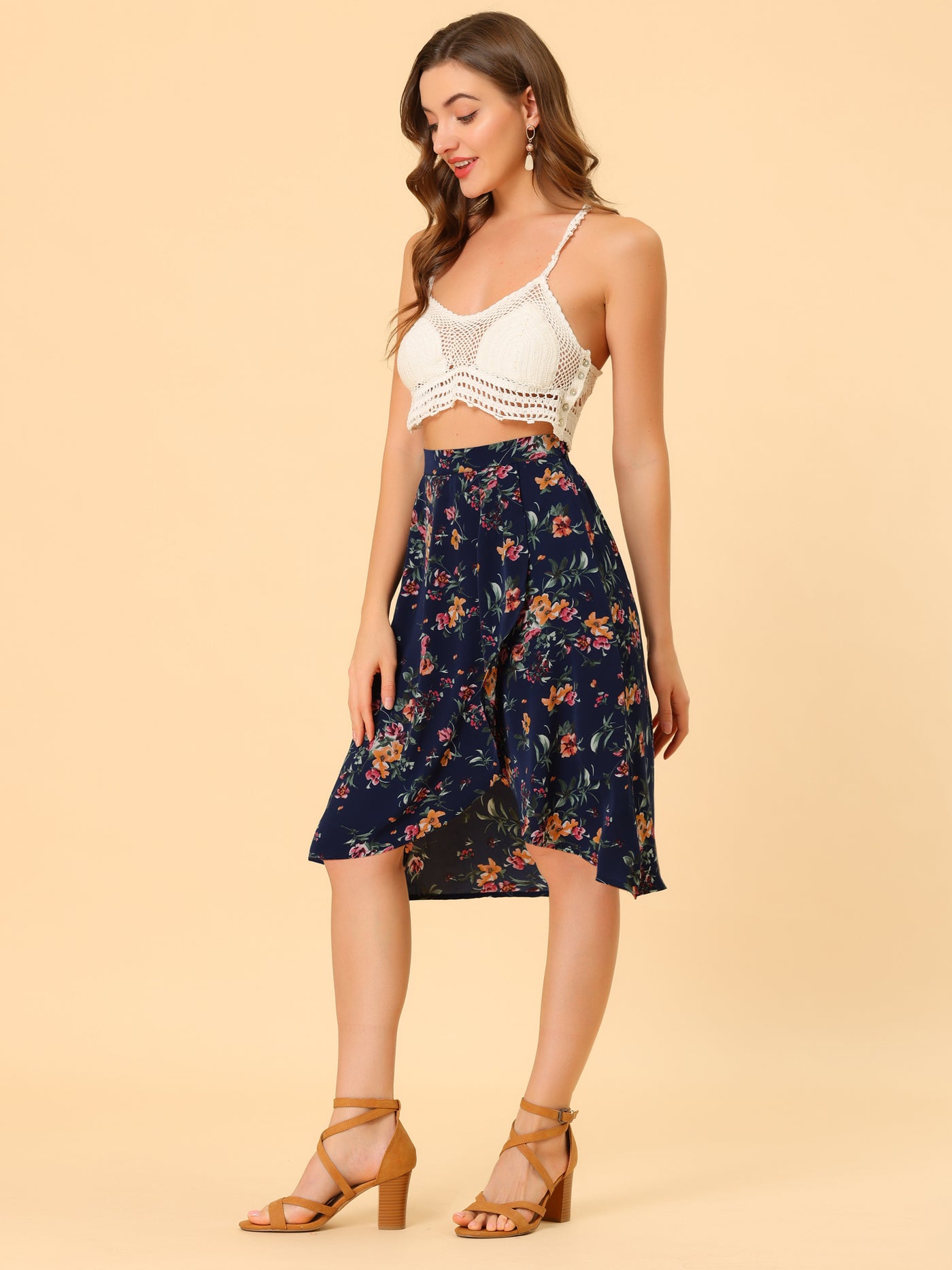 Allegra K Floral High Waist Split Summer Boho Midi Wrap Skirt